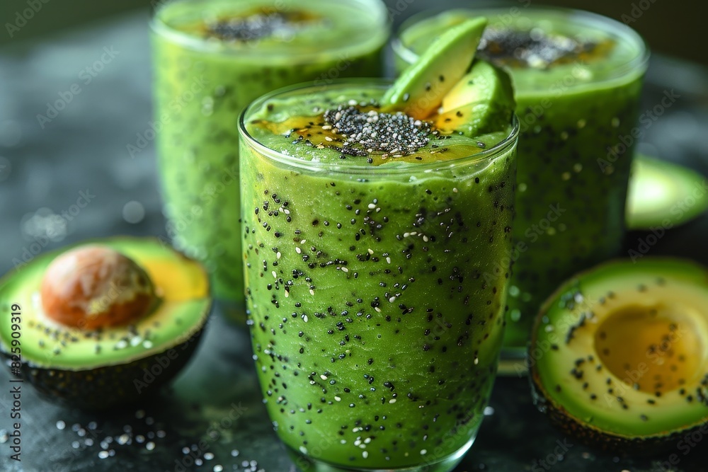 Avocado Smoothie - Pale green, garnished with avocado slices and a drizzle of honey. Avocado Smoothie - Pale green, garnished with avocado slices and a drizzle of honey.