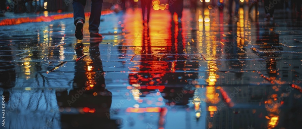 Obraz premium wet pavement reflection, night city scene with reflections on the street