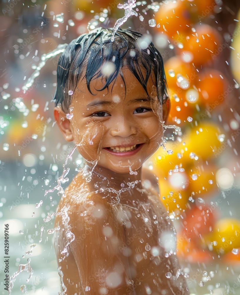 Obraz premium A joyful child plays in the water, captured in a moment of happiness with splashes all around in a vibrant and colorful background.