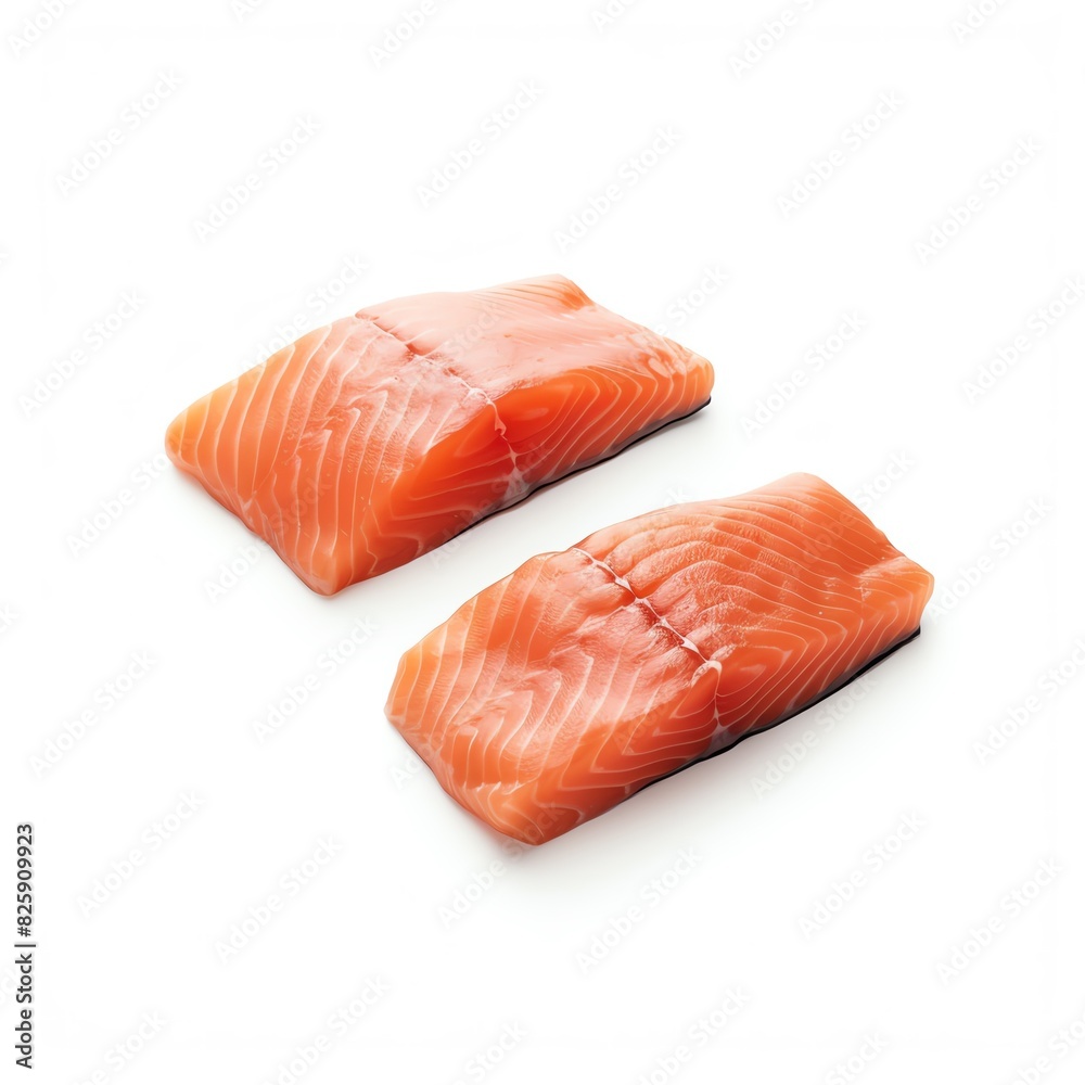 Two fresh, uncooked salmon fillets on a white background. Perfect for healthy cooking and seafood themes. Two fresh, uncooked salmon fillets on a white background. Perfect for healthy cooking and seafood themes.