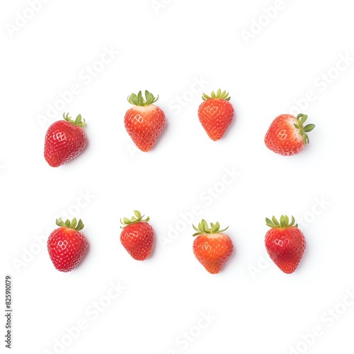 Eight fresh strawberries arranged on a white background  showcasing different shapes  and sizes. Isolated studio shot with vibrant red colors.