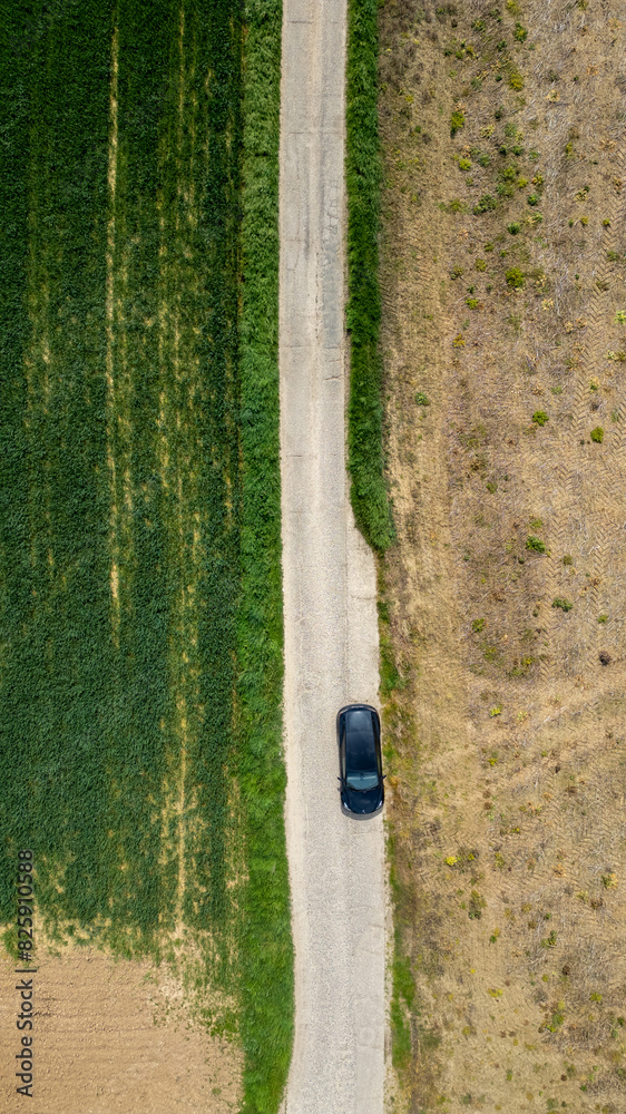 Obraz premium Aerial shot of a car on a narrow road splitting two contrasting fields, vibrant green and dry yellow.