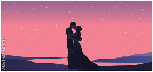 Silhouette of loving couple holding hands on sunset beach background vector illustration. Happy valentine's day concept