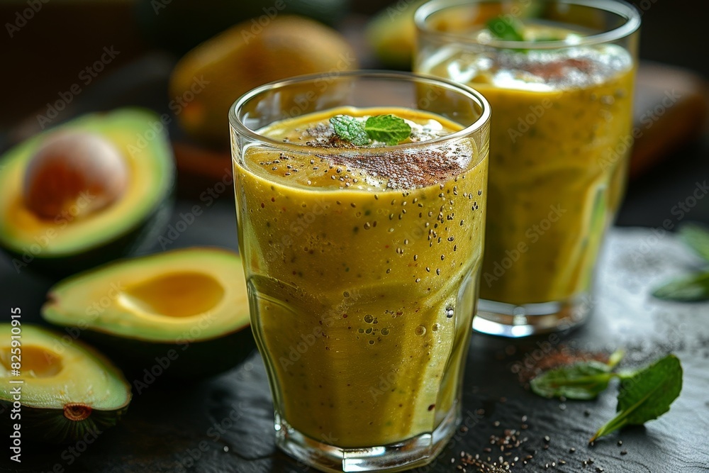 Avocado Smoothie - Pale green, garnished with avocado slices and a drizzle of honey. Avocado Smoothie - Pale green, garnished with avocado slices and a drizzle of honey.