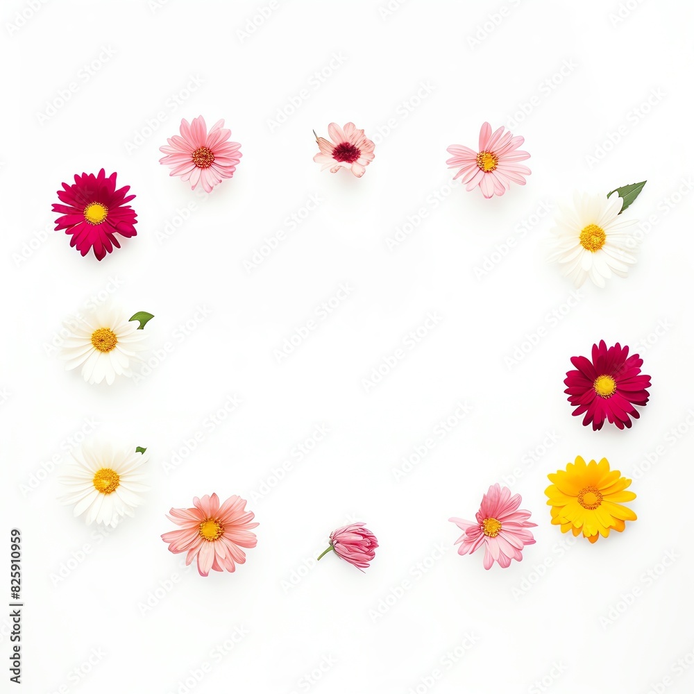 Bright and colorful daisies arranged in a circle against a white background. Perfect for spring and summer-themed projects or floral designs. Bright and colorful daisies arranged in a circle against a white background. Perfect for spring and summer-themed projects or floral designs.