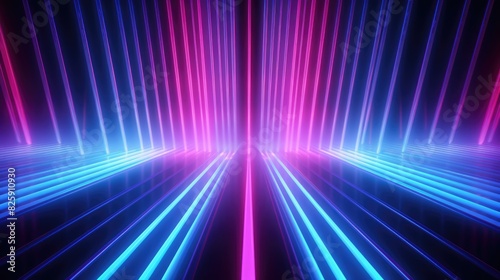 3d rendering, abstract neon background with ascending pink and blue glowing lines. Fantastic wallpaper with colorful laser rays 