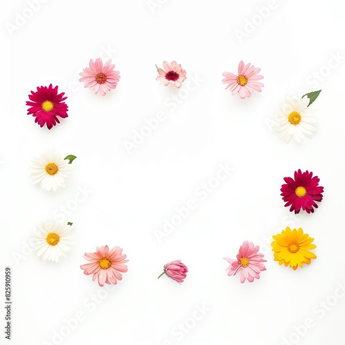 Bright and colorful daisies arranged in a circle against a white background. Perfect for spring and summer-themed projects or floral designs.