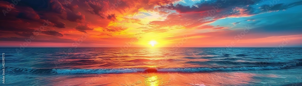 Stunning vibrant sunset over the ocean with dramatic clouds reflecting warm and cool colors on the water surface.
