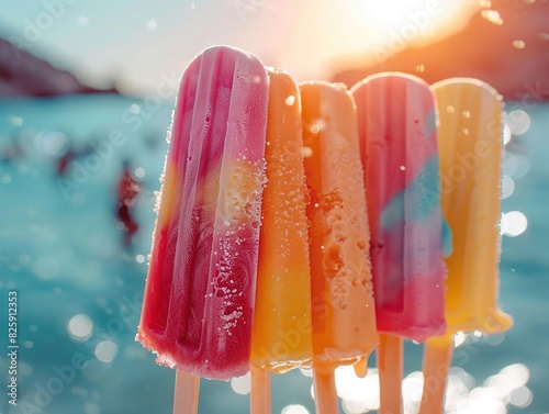Colorful popsicles by the beach in summer sun; cooling refreshment during bright, sunny day by the water.