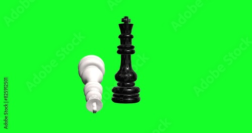 3d render Animated Chess Game Concept with Black King and Fallen White King on a Green Screen Background