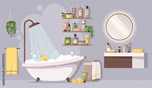 Cozy modern bathroom interior. Bathtub with foam, sink, mirror, towels, indoor plants, jars and bottles with cosmetics, personal care products. Beauty and hygiene. Stock vector illustration.