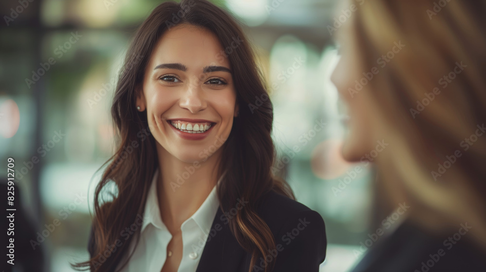 Confident young businesswoman smiles warmly in a modern office environment Confident young businesswoman smiles warmly in a modern office environment