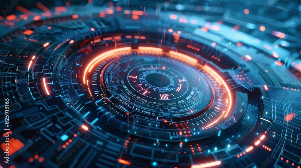 Circular technological interface with detailed circuit designs, suitable for presentations on engineering or robotics Circular technological interface with detailed circuit designs, suitable for presentations on engineering or robotics