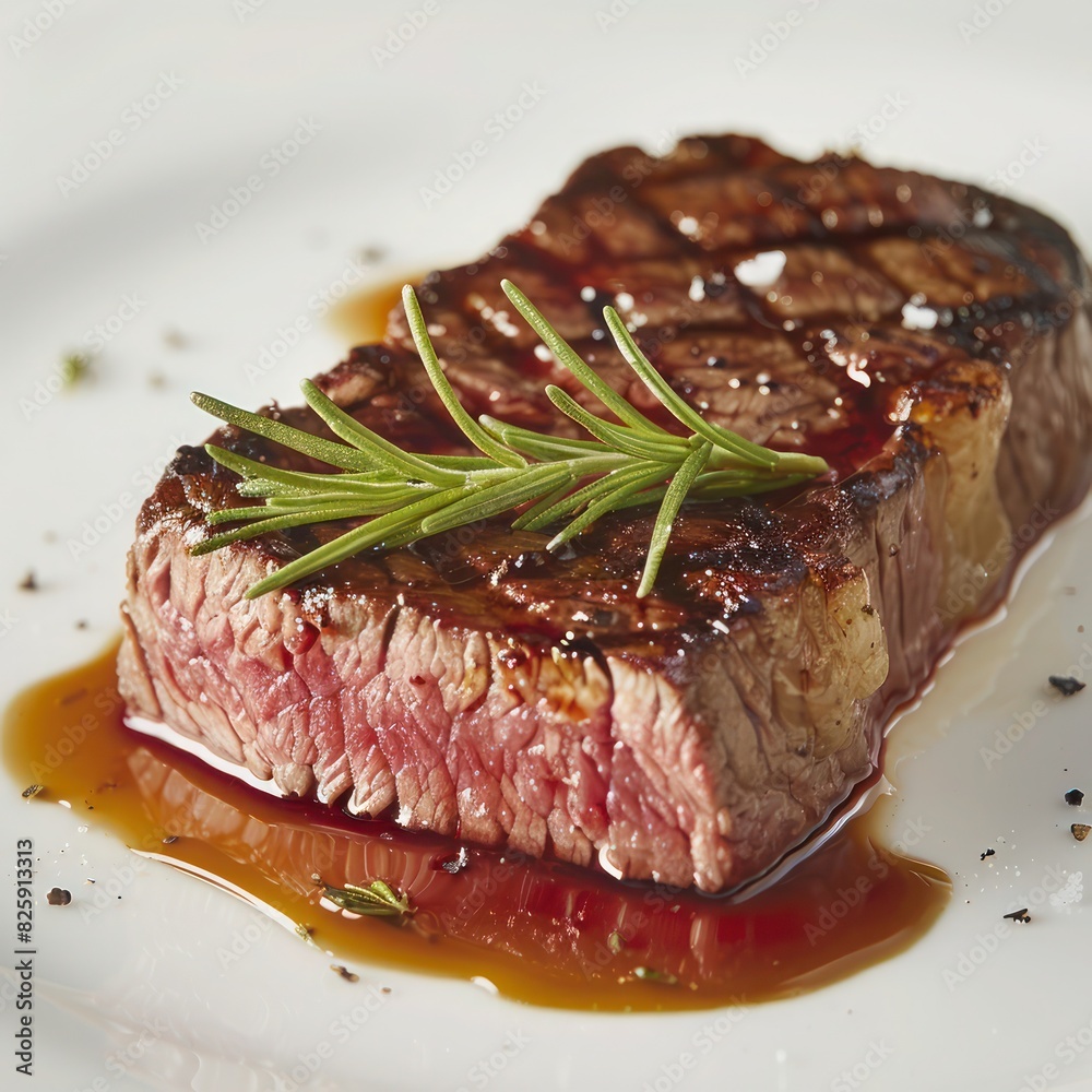 an exquisite presentation of a succulent, juicy, tender, medium rare cooked to perfection wagyu steak garnished with dill and a sprinkle of celtic salt on top for taste