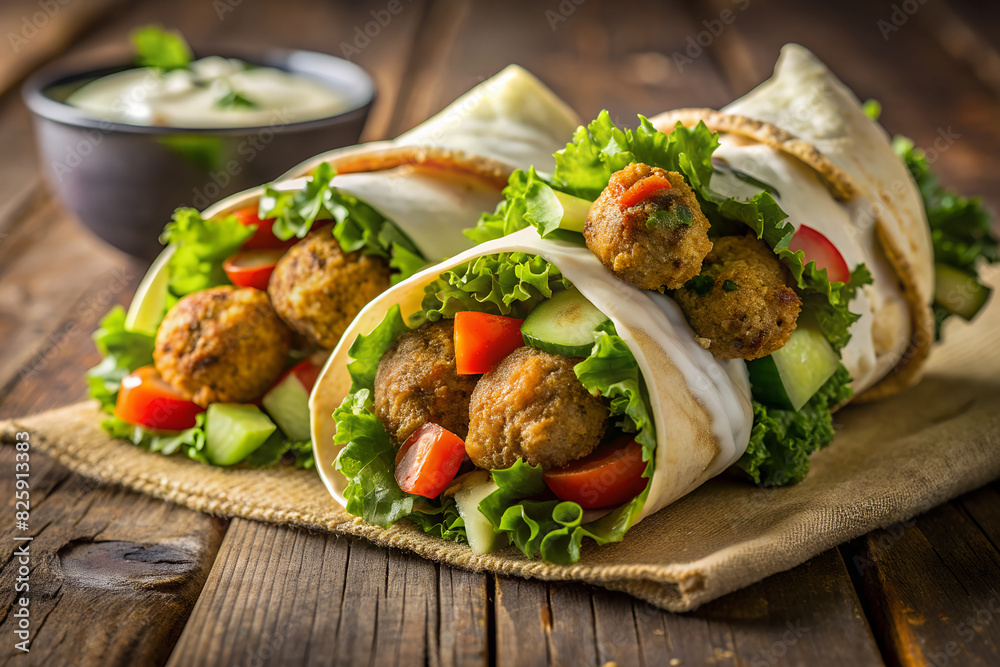 A falafel wrap with crispy falafel balls, fresh vegetables, and creamy tahini sauce, wrapped in a soft pita bread A falafel wrap with crispy falafel balls, fresh vegetables, and creamy tahini sauce, wrapped in a soft pita bread