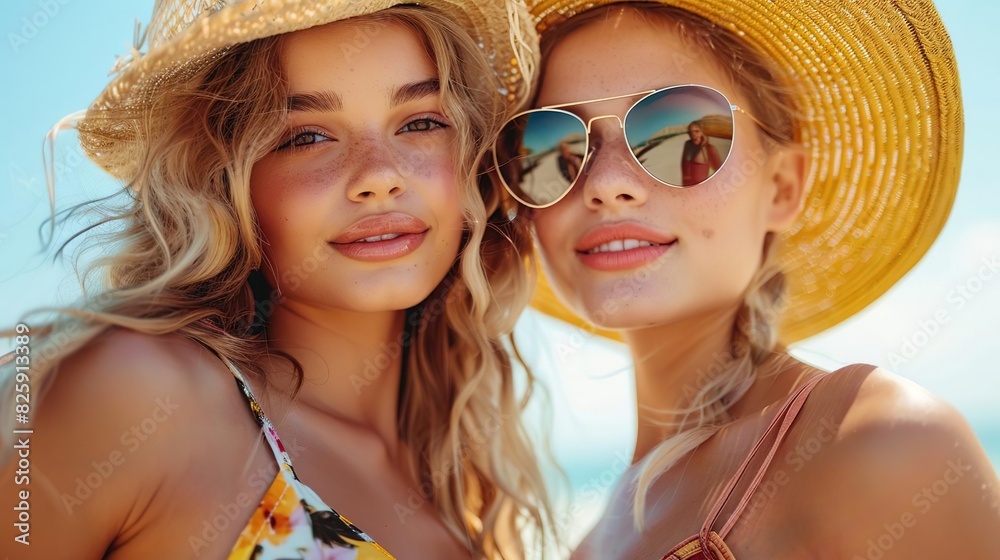 Two smiling women in sun hats enjoying a sunny beach day. Warm weather, bright blue sky, and positive vibes capture the essence of summer fun. Two smiling women in sun hats enjoying a sunny beach day. Warm weather, bright blue sky, and positive vibes capture the essence of summer fun.