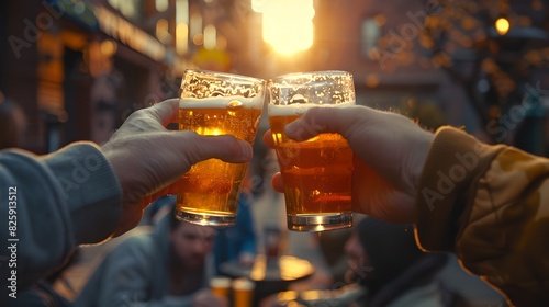 Friends toasting with beer glasses in a warm sunset atmosphere. Casual outdoor gathering. A moment of celebration and relaxation. Conceptual lifestyle imagery. AI