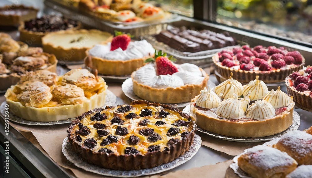 A variety of different pies in a display window for sale; delicious, gourmet pastries