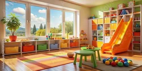 Child s playroom with different toys and furniture. Cozy kindergarten interior