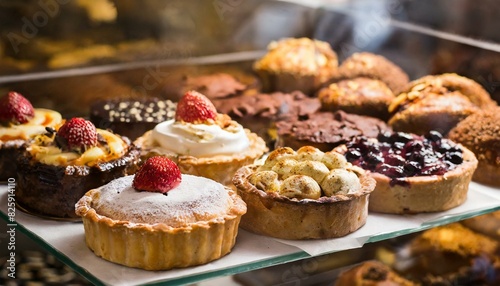 A variety of different pies in a display window for sale; delicious, gourmet pastries