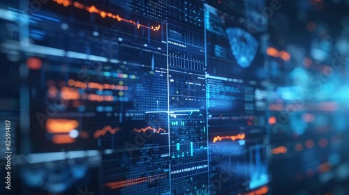 Abstract digital interface with futuristic HUD elements displaying data analytics in a technology-themed background.