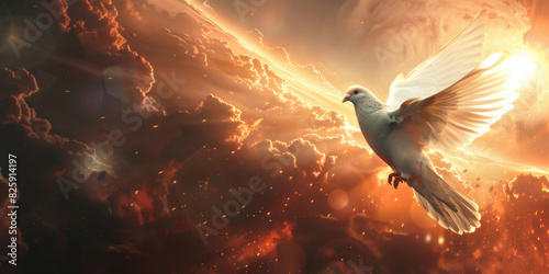A beautiful white dove soars gracefully through a sky filled with fluffy clouds, banner, copy space © Dmitriy