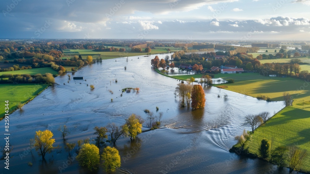 Fototapeta premium A flooded area with trees and houses in the background