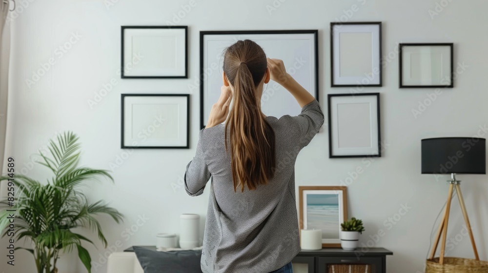 14w happy woman hanging up 3 family photos on gallery wall in their home, black frames, realistic 14w happy woman hanging up 3 family photos on gallery wall in their home, black frames, realistic