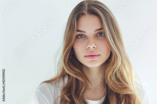 Attractive Woman in Advertisement. Young Beautiful Female Model with Long Hair on White Background