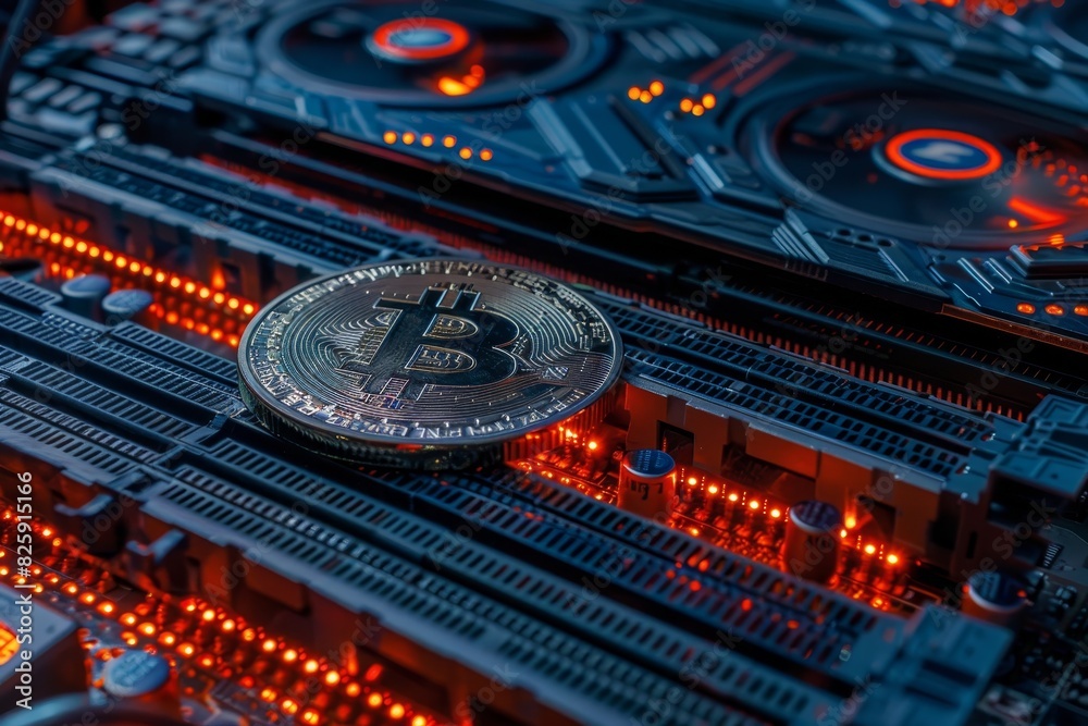 Bitcoin is a cryptocurrency coin on the background of computer wires with neon light. Bitcoin is a cryptocurrency coin on the background of computer wires with neon light.