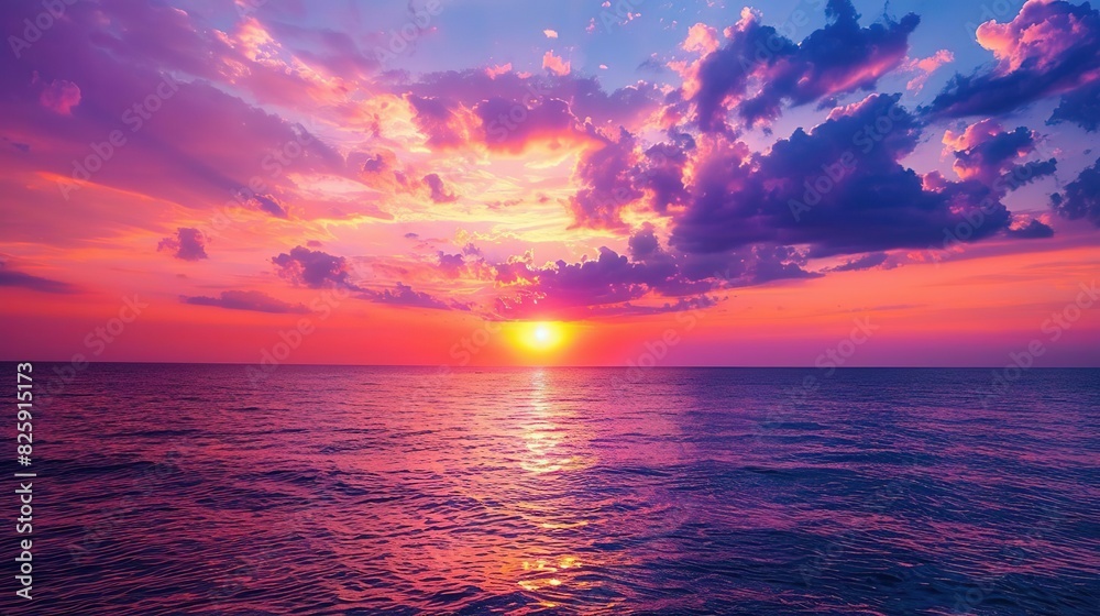 Stunning sunset over the ocean with vibrant purple, pink, and orange hues, creating a peaceful and serene atmosphere. Stunning sunset over the ocean with vibrant purple, pink, and orange hues, creating a peaceful and serene atmosphere.