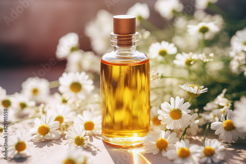 glass bottle with chamomile essential oil and chamomile flowers