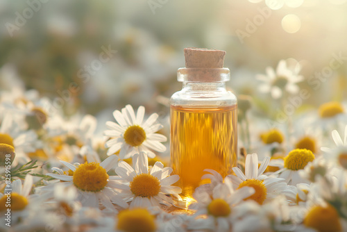 glass bottle with chamomile essential oil and chamomile flowers