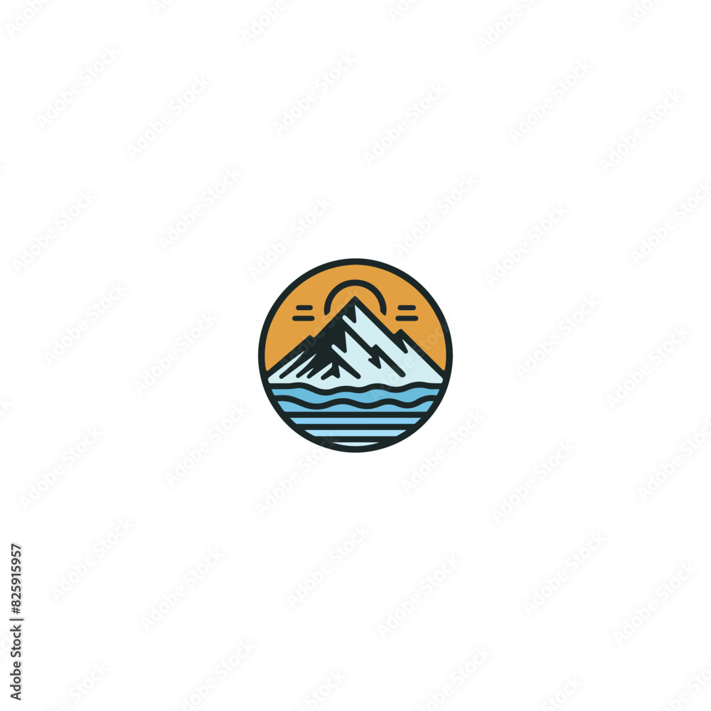 mountain logo landscape with rocks at sunrise, Sea and Sun for Hipster Adventure Traveling logo mountain logo landscape with rocks at sunrise, Sea and Sun for Hipster Adventure Traveling logo