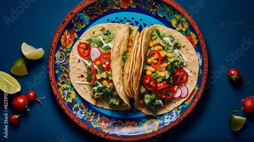 Mexican tacos with guacamole and vegetables on blue plate and embroidered tablecloth photo