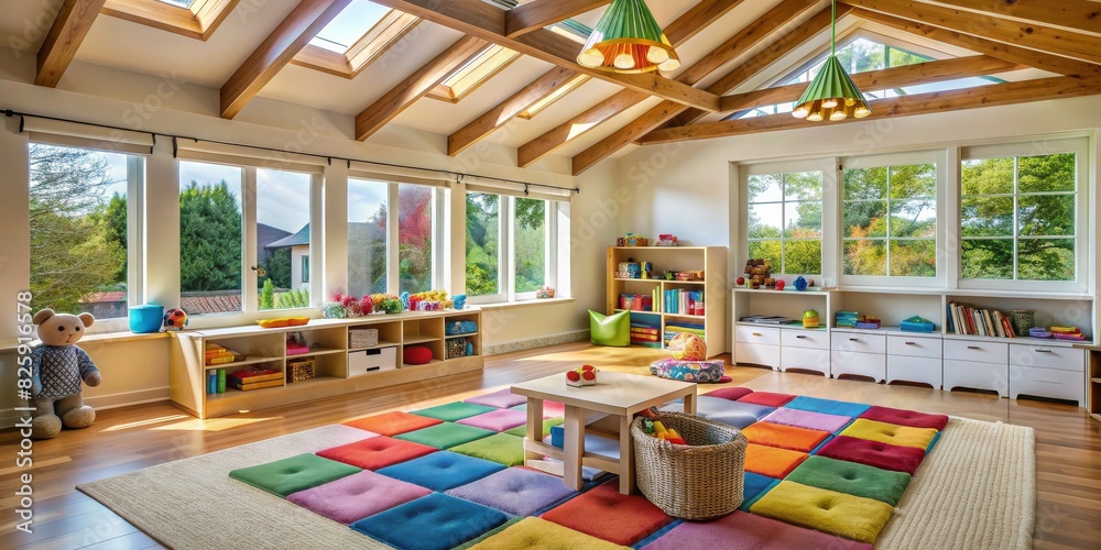 Child`s playroom with different toys and furniture. Cozy kindergarten interior Child`s playroom with different toys and furniture. Cozy kindergarten interior