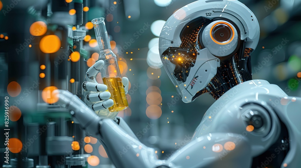 Scientist's robot hand with test tubes and flasks in medical chemistry ...