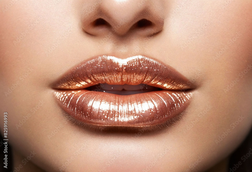 Obraz premium Close-up of glossy, shimmering lips with a soft light highlighting their smooth texture