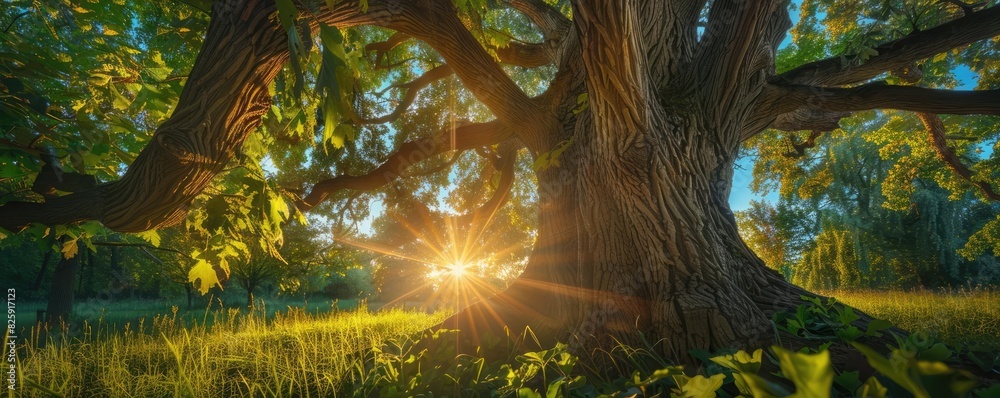 Fototapeta premium Majestic old tree with lush green foliage and sun shining through, creating a serene and peaceful nature scene.