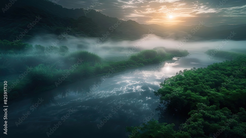 Serene misty river landscape at sunrise with lush greenery, calm water, and mountain in the background, creating a peaceful and ethereal atmosphere.