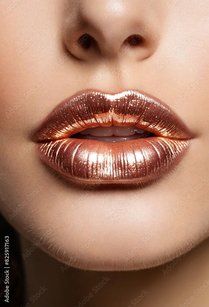 Close-up of glossy, shimmering lips with a soft light highlighting their smooth texture Close-up of glossy, shimmering lips with a soft light highlighting their smooth texture