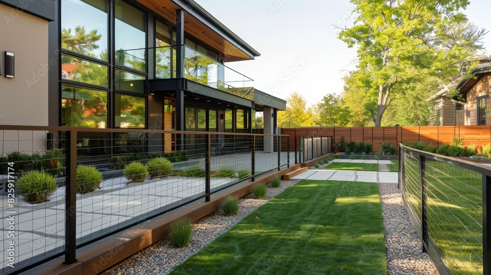 Modern metal and glass fence to enclose the backyard of a contemporary home 
