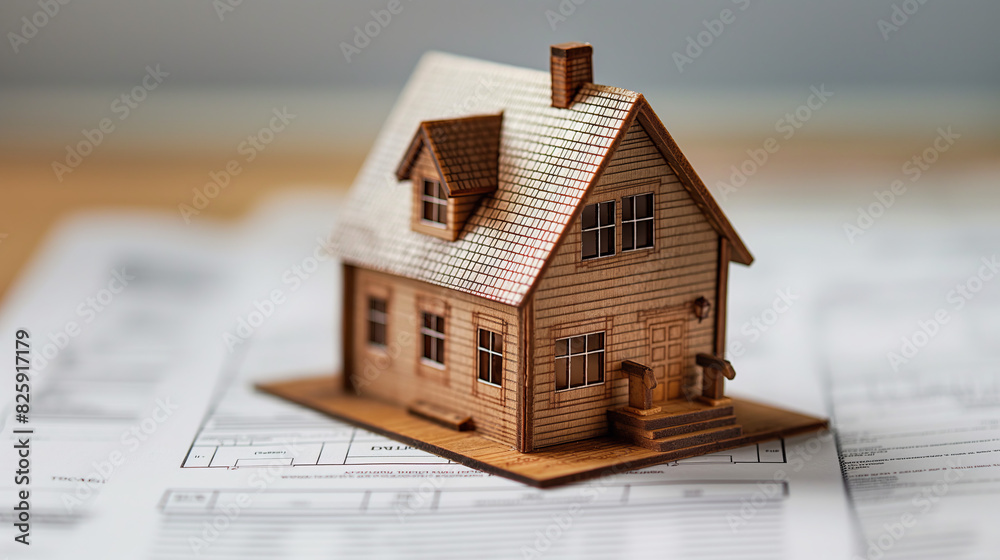 A detailed model of a wooden house sitting on top of architectural drawings, symbolizing real estate, architecture, and construction A detailed model of a wooden house sitting on top of architectural drawings, symbolizing real estate, architecture, and construction