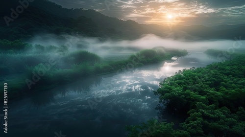 Serene misty river landscape at sunrise with lush greenery, calm water, and mountain in the background, creating a peaceful and ethereal atmosphere.