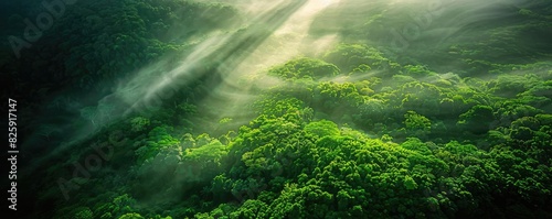 Aerial view of lush green rainforest canopy with sun rays piercing through clouds, creating a mystical and serene natural landscape.