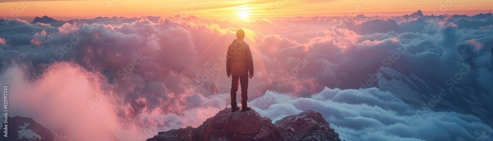 A man stands on a mountain top, looking out at the sunset A man stands on a mountain top, looking out at the sunset