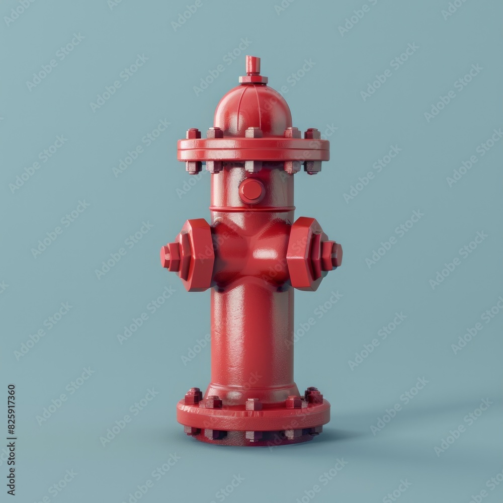 A 3D minimalist fire hydrant in red, set against a pale blue background., AI Generative