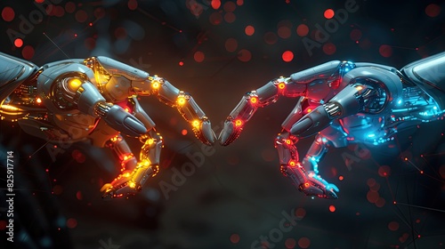 AI, machine learning, robot hands and sensing Big data network connectivity, digital transformation, artificial intelligence science and technology, innovation and the future © PT