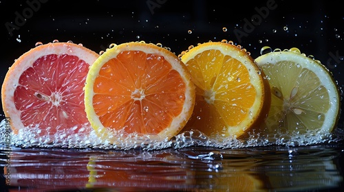 Citrus juice and slices of orange, grapefruit, lemon. Vitamin C. photo