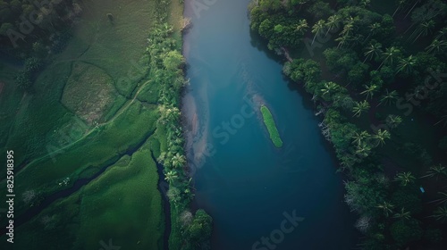 Aerial view of a serene river winding through lush green forests and fields  offering a peaceful and picturesque natural landscape.